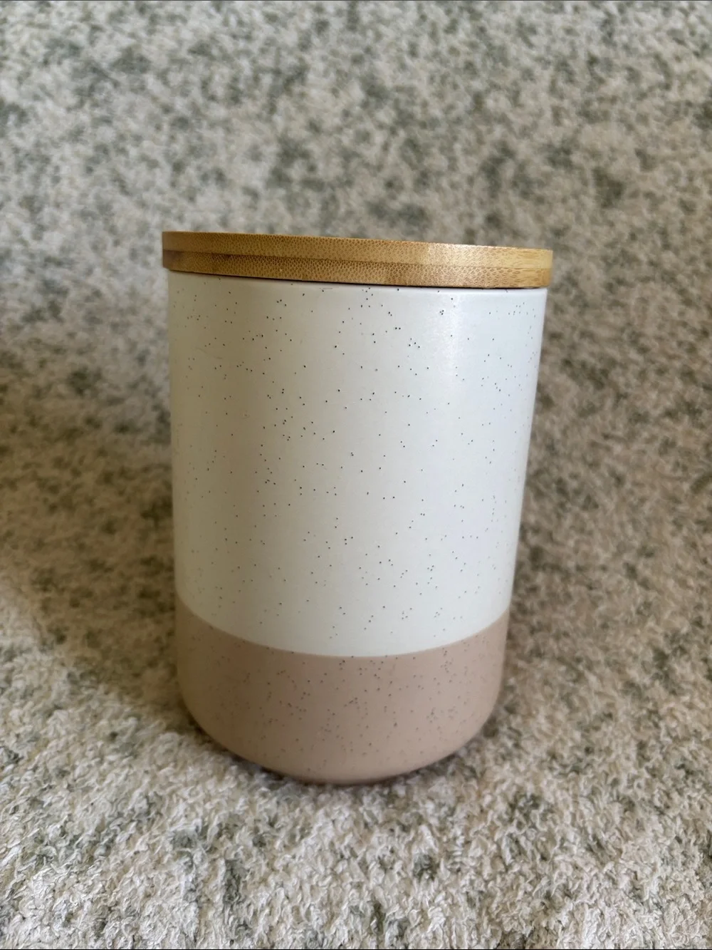 Vancasso Stoneware Speckled Ceramic Canister with Bamboo Lid NWT 6.5x4.5”